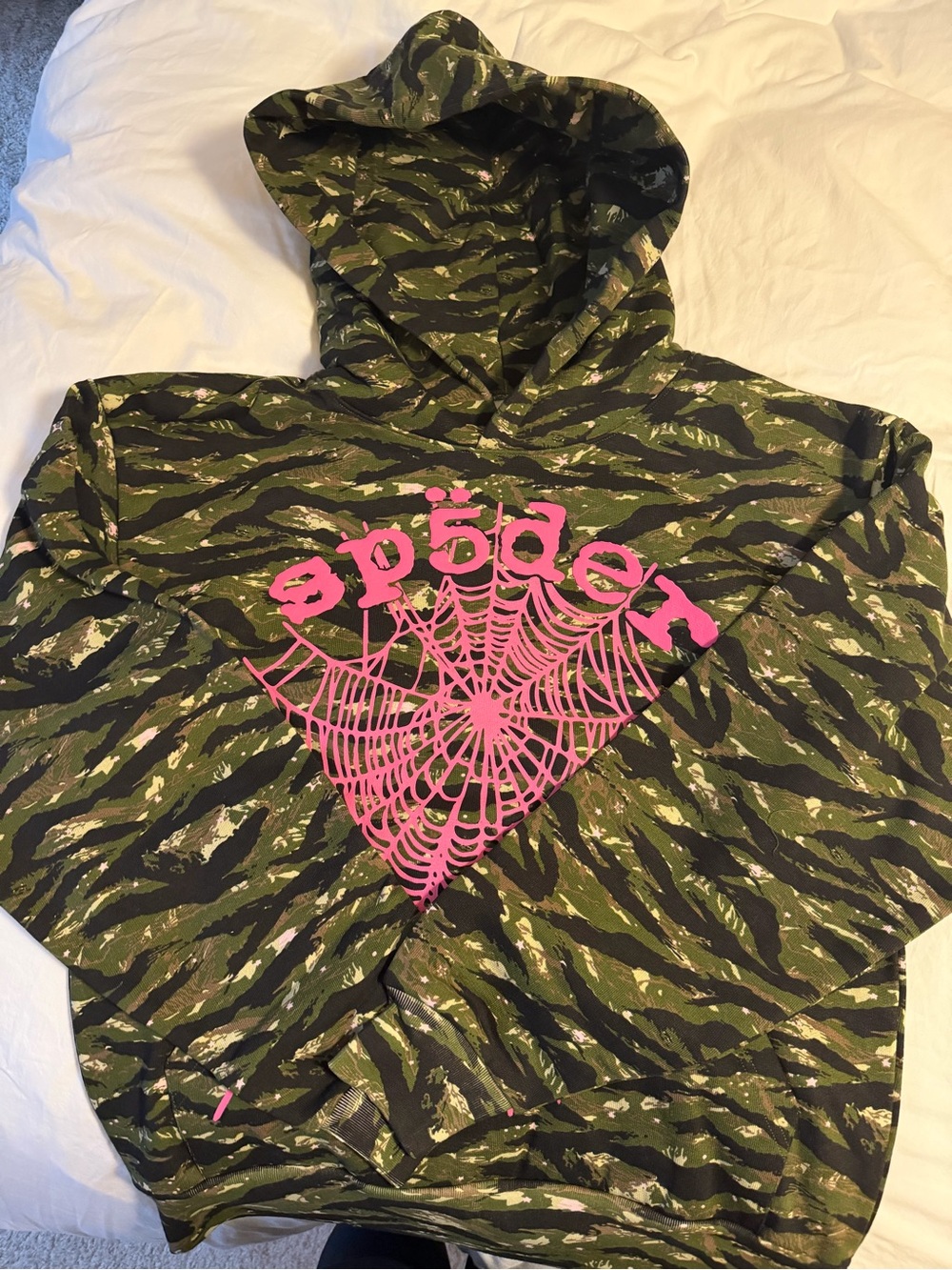 Camo Pullover Hoodie with Pink Web Graphic